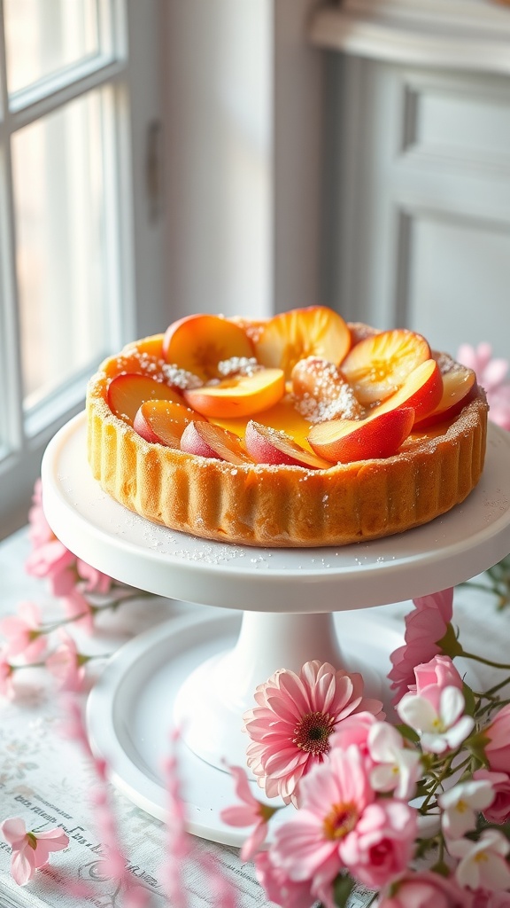 Elegant peach and almond tart on a cake stand, garnished with fresh peaches and flowers.